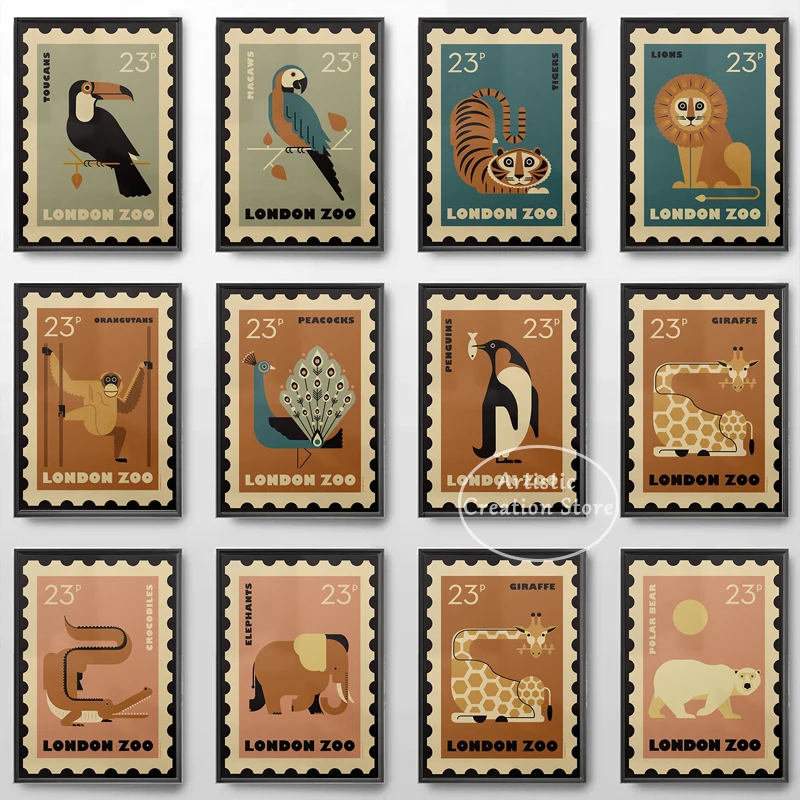 Retro Postage Stamp Style London Zoo Animals Poster Penguin Toucan Bird Lion Crocodile Prints Canvas Painting Wall Home Decor