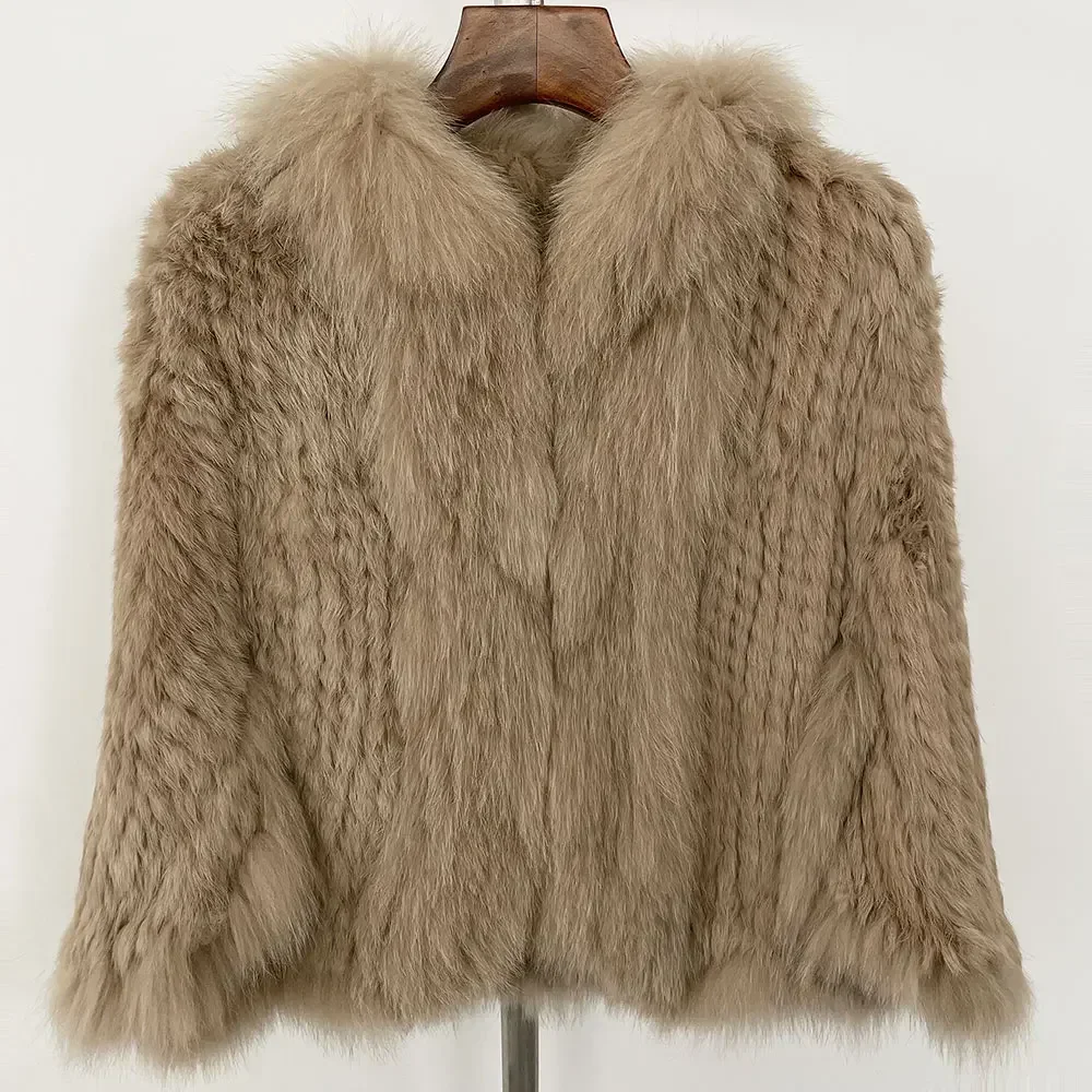 2025 femmes hiver réel manteau de fourrure de lapin col de renard naturel tricoté châle veste de fourrure 2025 hiver nouveau manteau de fourrure de lapin réel naturel