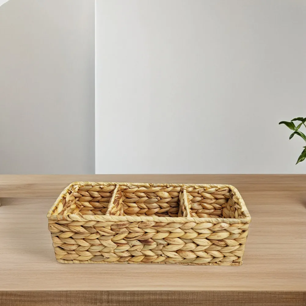 3-Section Handwoven Storage Basket Natural Water Hyacinth Desktop Organizer Kitchen Cutlery Sundries Multi-Purpose Organizer