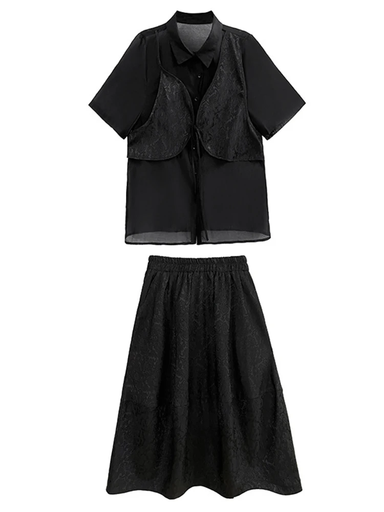 [EAM] Black Shirt Big Size Half-body Skirt Two Pieces Suit New Lapel Short Sleeve Women Fashion Tide Spring Autumn 2024  1DH5252