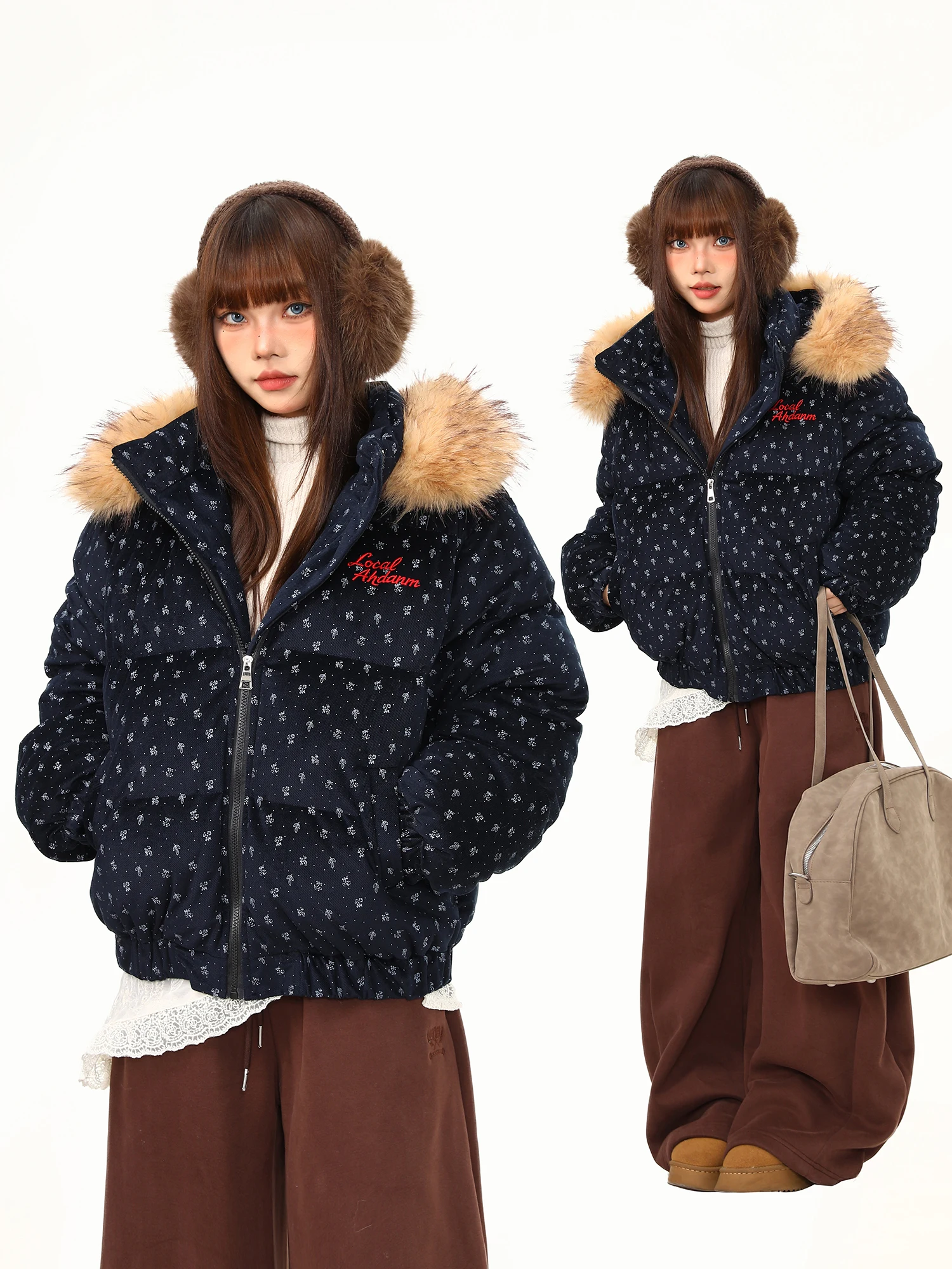 

Wild Cotton Jaet Women's Thiened Floral Design Detachable Winter Warm Outerwear Streetwear Hip Hop Loose Fit Zipper Closure