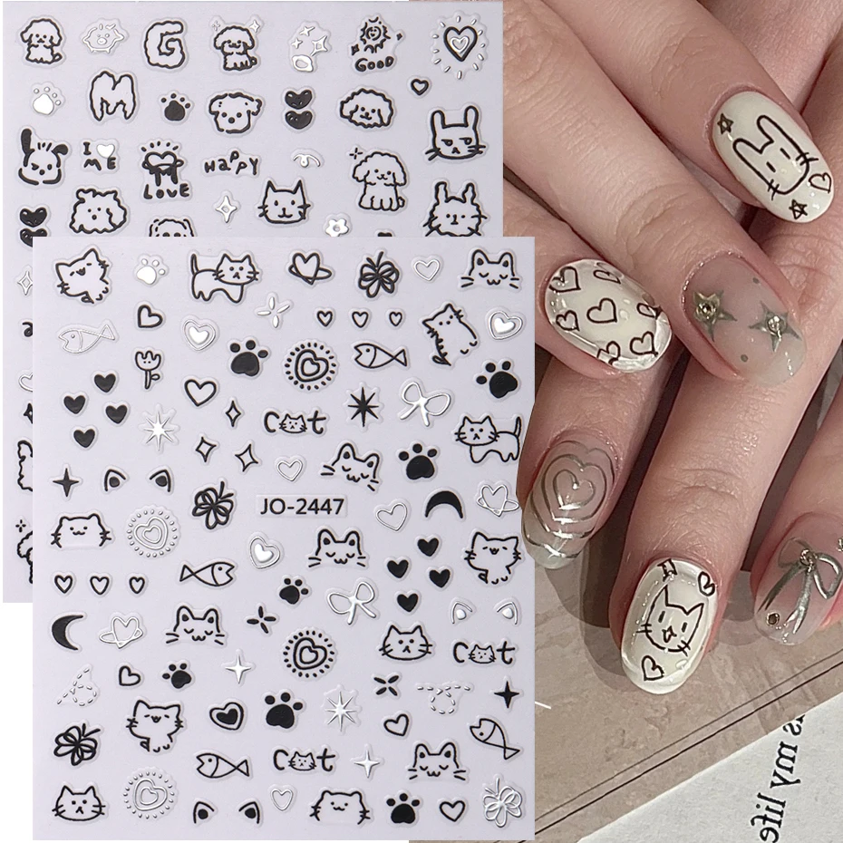 2Pcs Cartoon Cute Cat Nail Childlike Stickers Holographic Love Heart Bronzing Star Sliders Silver Chrome Nail Art Manicure Decor