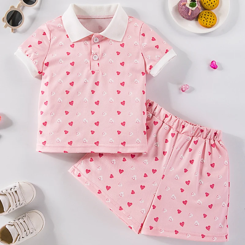 

2PCS Girls Summer Outfit Sets Korean Cute Pink Love Short Sleeve Cotton Tops+Shorts Baby Boutique Clothing Toddler Clothes BC313