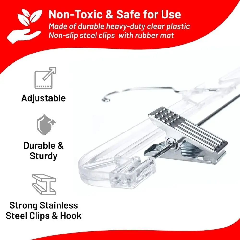 12 Pack 14 Clear Plastic Skirt & Pants Hangers with 360° Swivel Hook and Clips for Space-Saving Storage