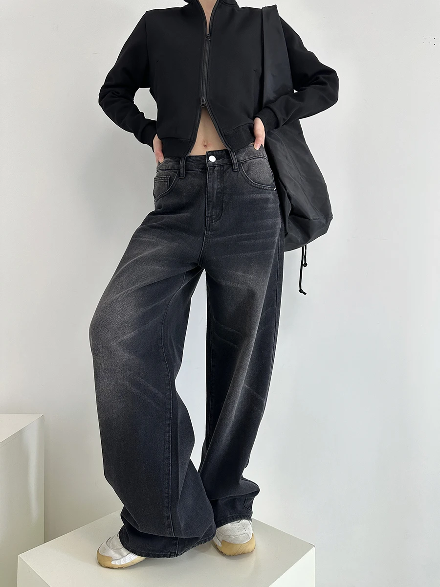 

American High Waist Wide Leg Pants Women's Casual Loose Long Jeans Deep Blue Color Spring Autumn Season High Waist Jeans