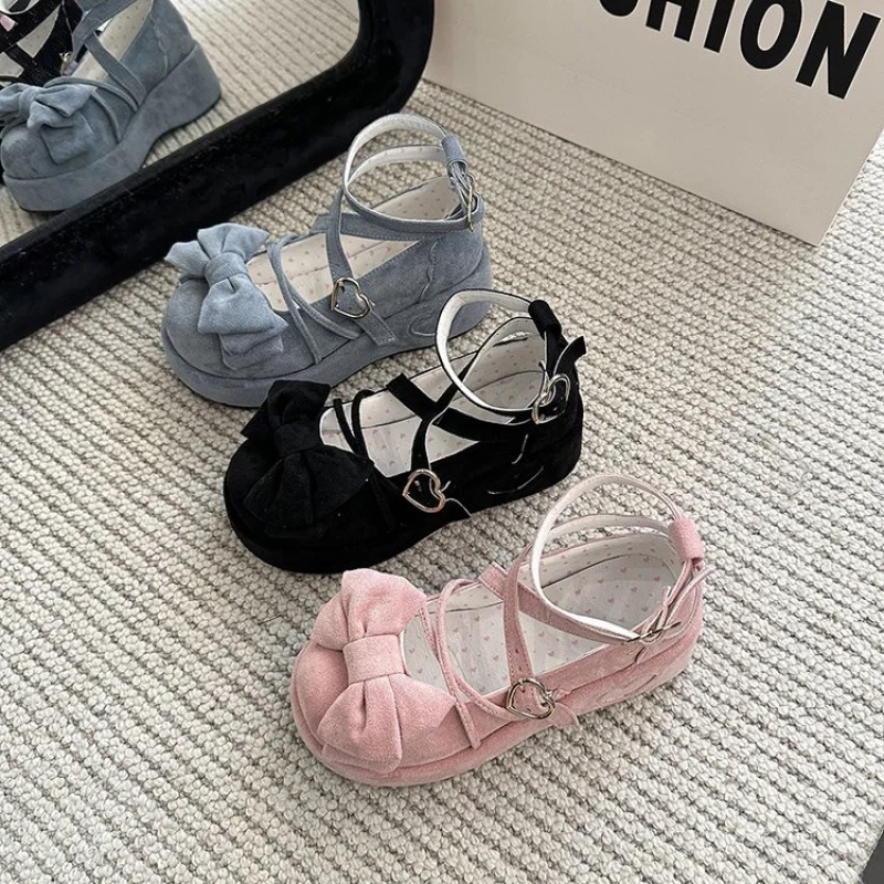 Platform Mary Jane Shoes Women's New Summer Vintage Suede Versatile Bow Shoes