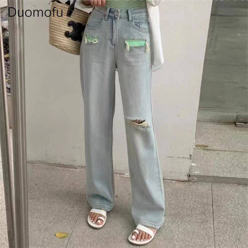 Duomofu Light Blue Classic Full Length Baggy Jeans Women Summer New Chicly Hollow Out Straight Casual Female High Waisted Jeans