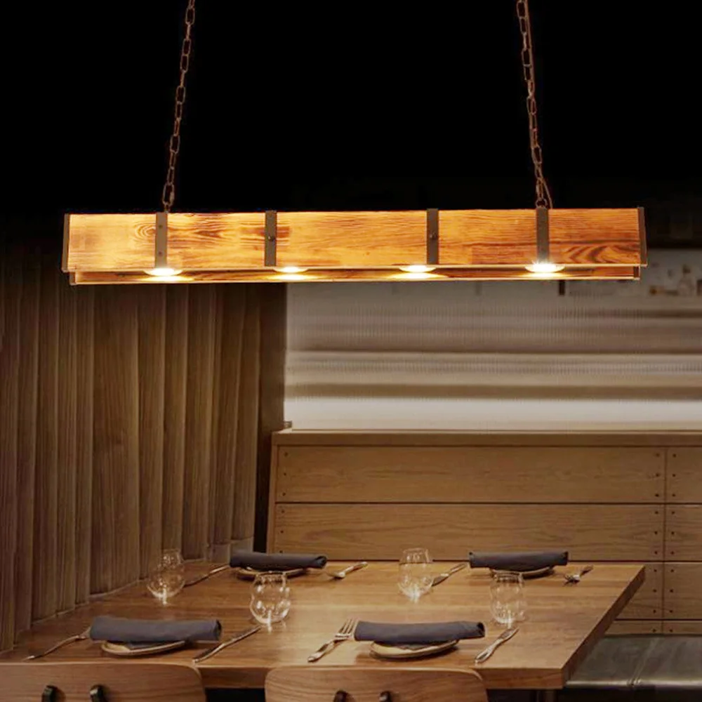 

4 Lights Antique Industrial Chandelier Wooden Kitchen Island Light Linear Pendant Light Hanging Light