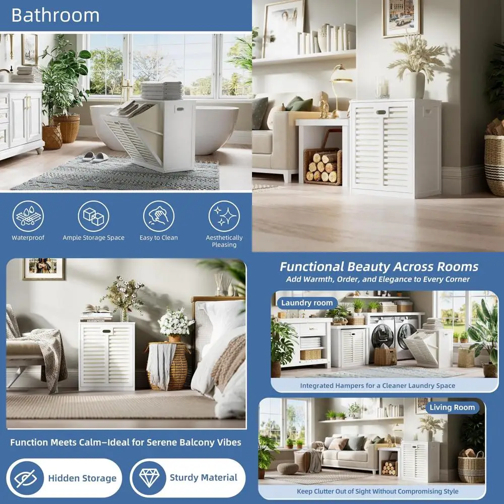 

Отдельно стоящий бамбуковый шкаф для белья с корзиной на 16 галлонов, компактный органайзер для хранения полотенец и игрушек, белый