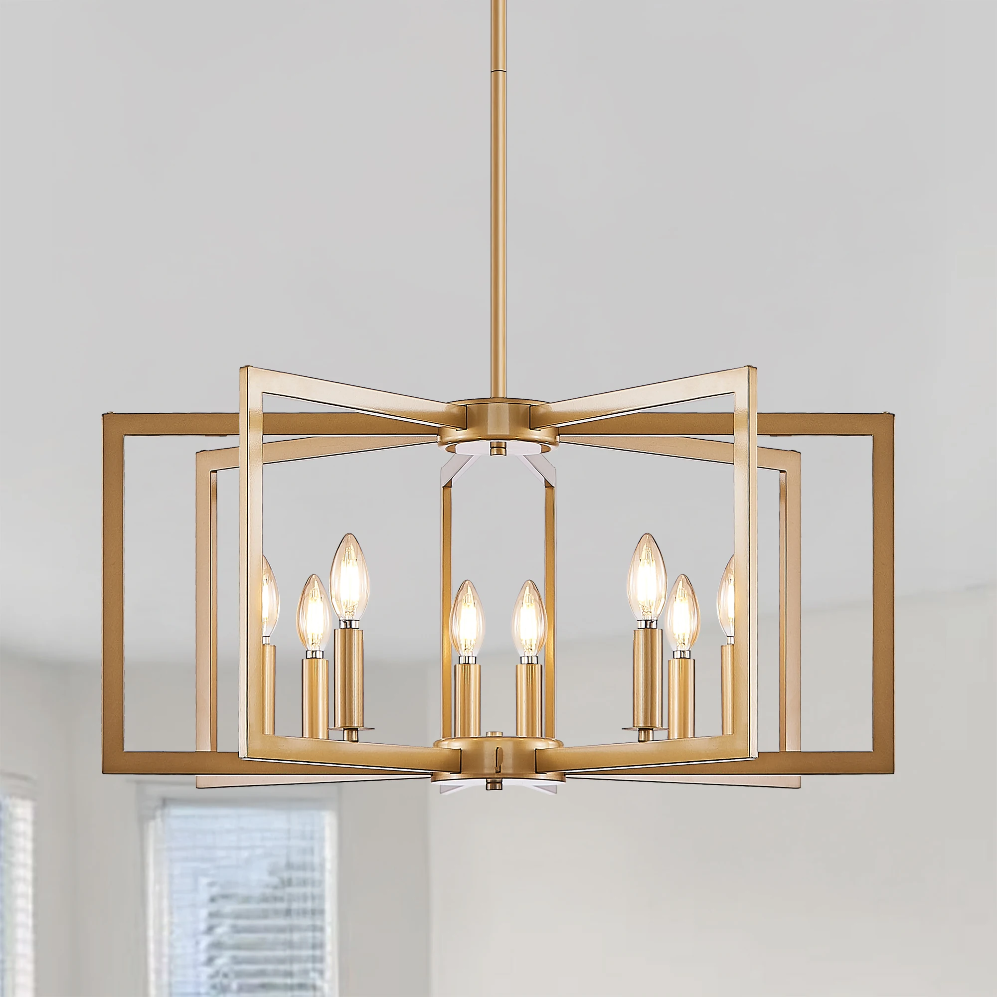 

27" Modern Golden Geometric 8-Light Chandelier, Industrial Metal Pendant Light Fixture for Living Room, Dining Room (No Bulb)
