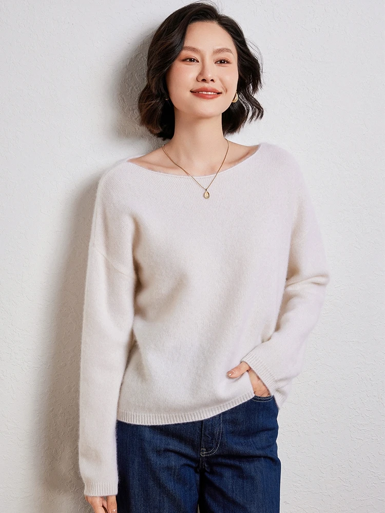 100% Merino Wool Sweater Women's Clothing One neck Knitted Pullover Casual Loose Batball Sleeve Tops Autumn Winter New Korean