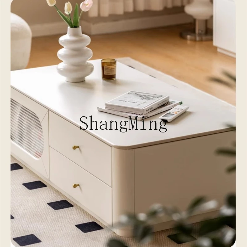 

FG solid wood coffee table TV cabinet combination living room home floor tea table white cream wind rock board tea table