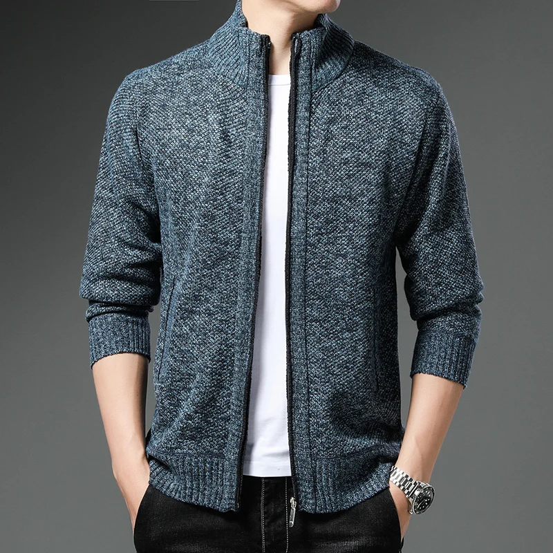 

2024 Autumn Winter Men Sweater Cardigan Patchwork Color Stand Collar Male Casual Zipper Knitted Thick Warm Sweatercoat