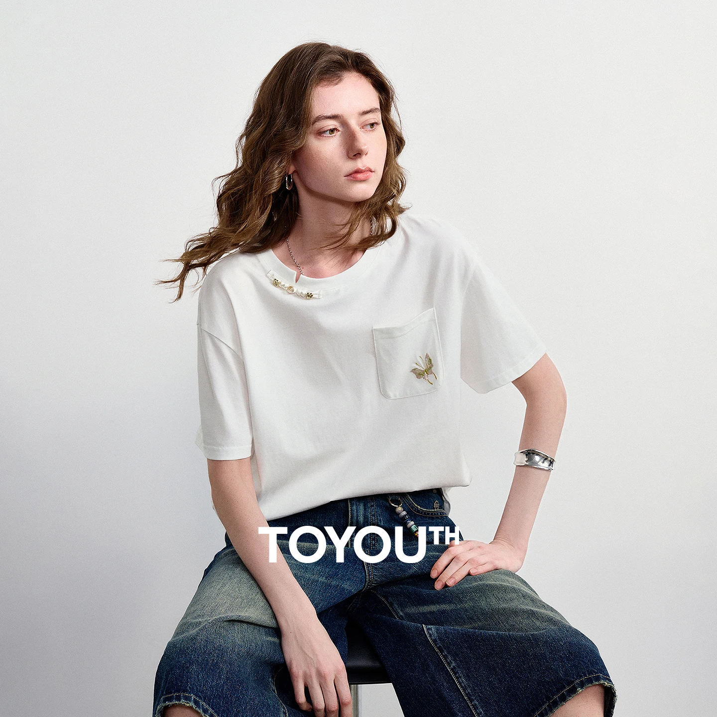 TOYOUTH Women Cotton T-Shirt 2026 Summer New New Chinese Style Button Butterfly Embroidery White Pullover Tops