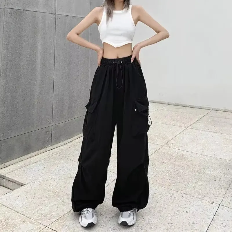 American retro workwear casual pants women's summer versatile straight leg hanging feeling ankle tied pants loose wide leg pants