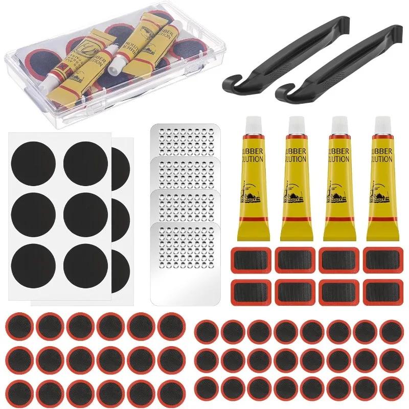 Ferramentas de Reparo de Pneus de Bicicleta e Moto com Remendos Vulcanizantes, Cola Líquida e Raspador de Metal para Manutenção e Reparo de Furos em Bicicletas