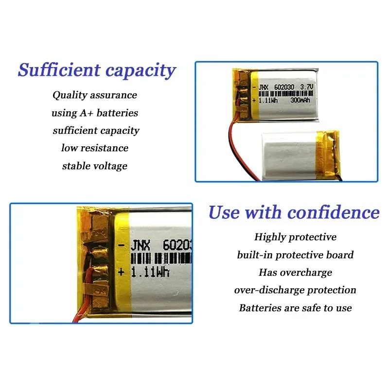 602030 Batteria ai polimeri di litio da 3,7 V 300 mAh adatta per leggere penne, scarpe flash, registratori, carte, altoparlanti