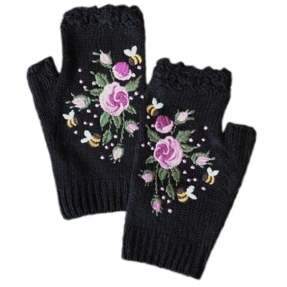 Fashion Floral Bee Embroidery Knitted Fingerless Gloves Keep Warm Thumb Holes Flower Mittens Fingerless Gloves Women