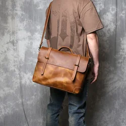 Bolso Retro de cuero Crazy Horse para ir al trabajo, capa superior de piel de vaca, bolso de cartero antiguo, bolso de hombro Diagonal de cuero de estilo británico para hombre