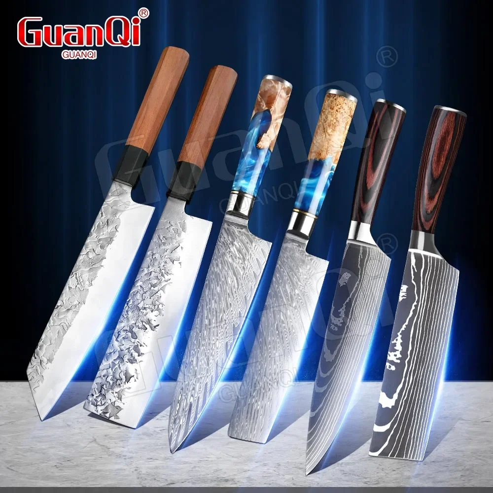 Kitchen Cleaver Knives Stainless Steel 1-4PCS Set Damascus steel 5CR15  Laser Damascus Japanese Santoku Cooking Slicing Utility