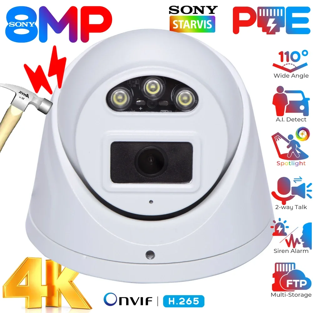 4K POE Dome Camera Outdoor 2.8mm 110° Wide Angle Fixed Lens IP Camera Human/Vehicle Detection Color Night Vision Security Camera