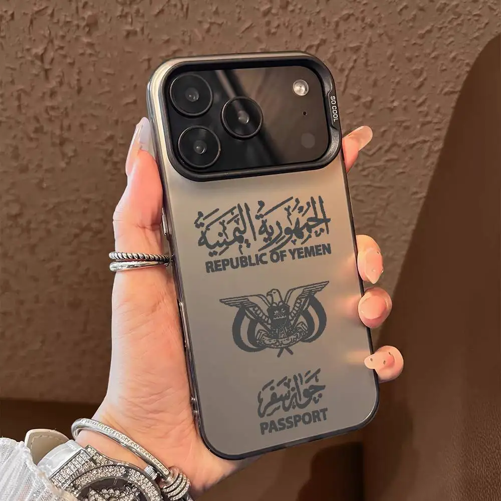 حافظة هاتف بشعار جواز السفر اليمن لهاتف آيفون 17 16 15 14 13 12 11 Pro Max Air متعدد الألوان ماتي ليزر معدني أورورا فوندا