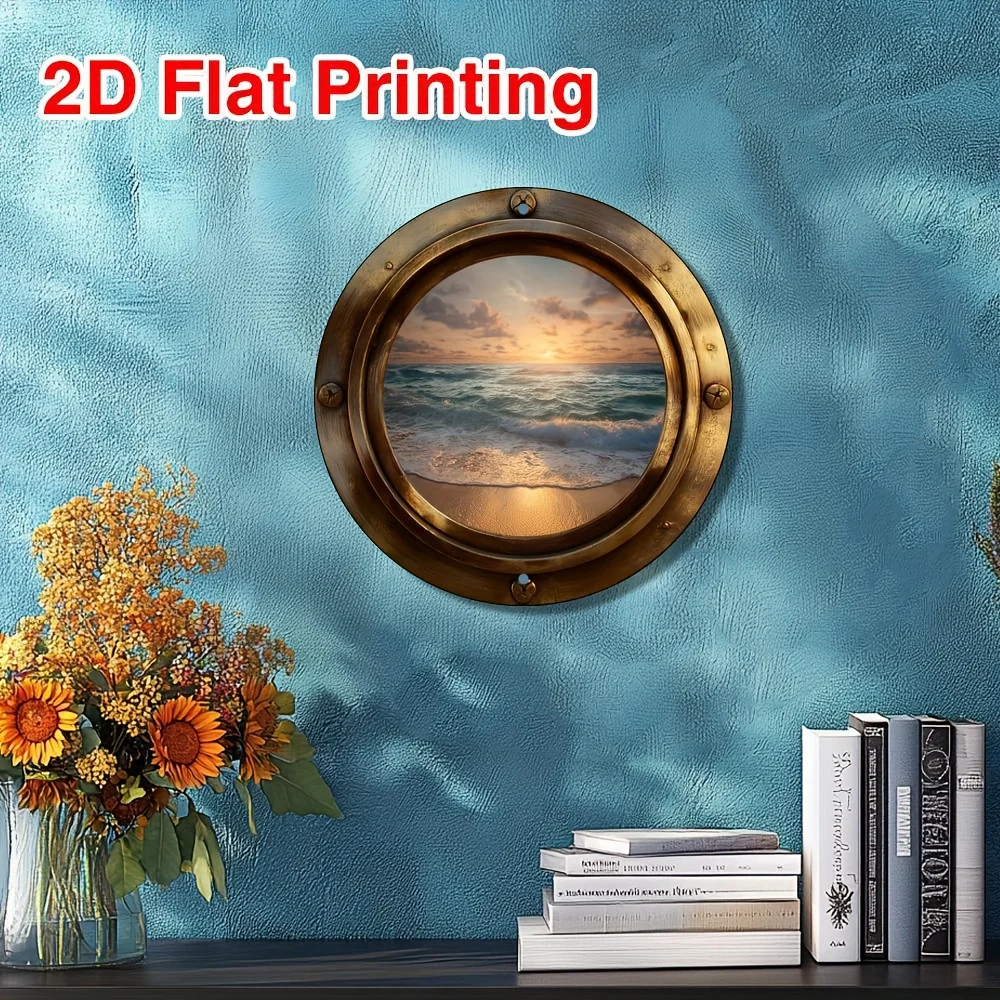 Seascape Window Motif 2D Wood Round Plate Workplace Country Wall Ornament Relocation Present Housewarming Gift Entryway Decor