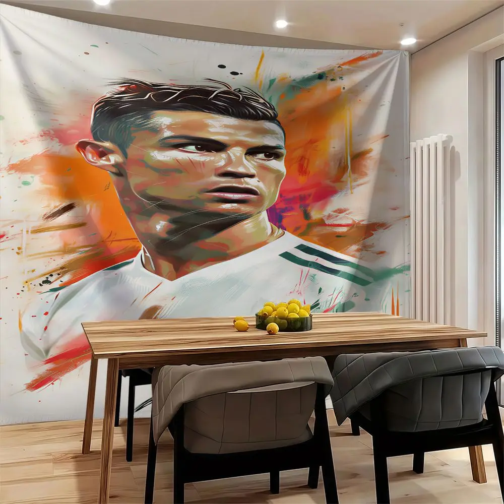 Man Portrait Art Tapestry Wall Hanging, Abstract Green Stripe Jersey Digital Print Wall Decor for Bedroom Living Room