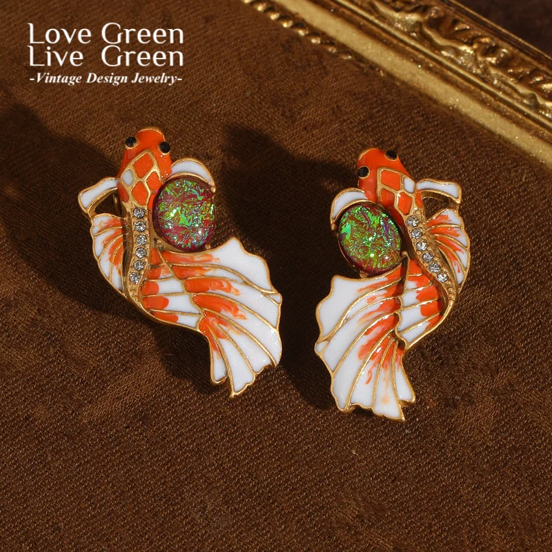 

Vintage Enamel Red Goldfish Stud Earring Rhinestone Gold Color Opal Luxury Jewelry Designers High Quality Thanksgiving Wedding