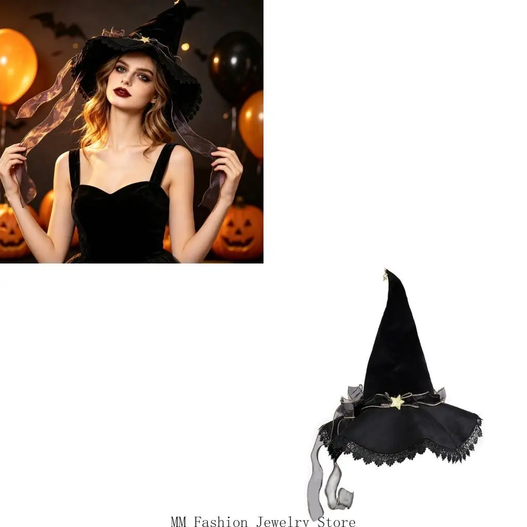 Flared Halloween witch hat with star accent for adult costume looks D0UB