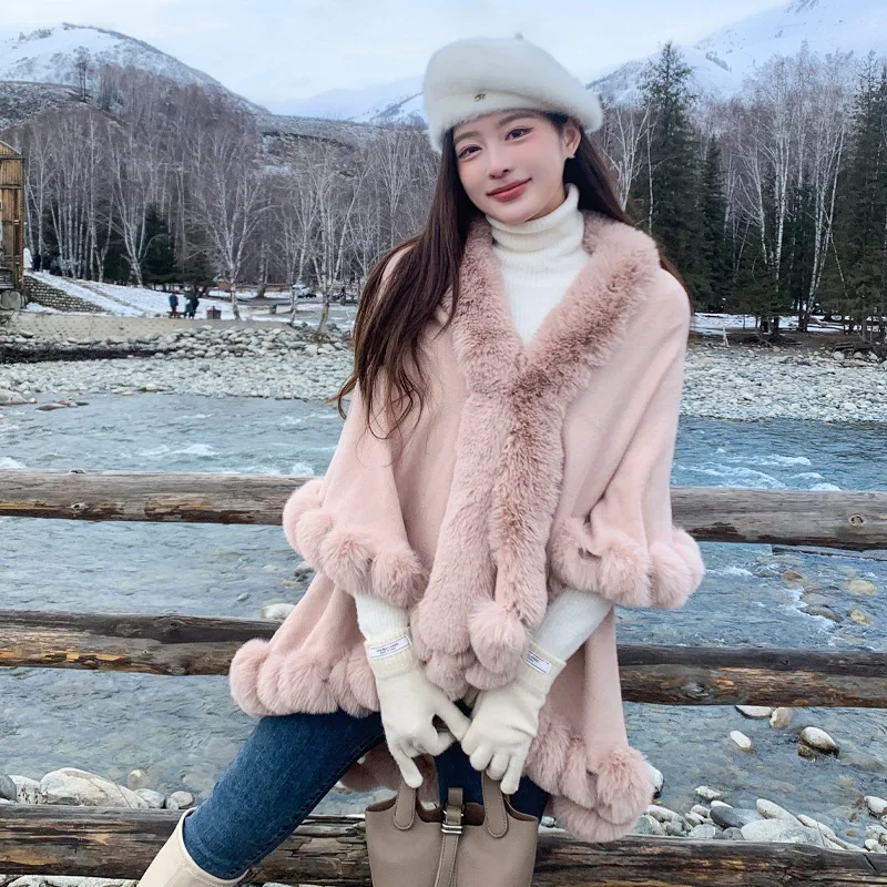 Elegant Double Layer Soft Fur Collar Women's Shoulder Shawl Winter Pure Color Cowl Neck Outerwear Trendy Freshman Condensed