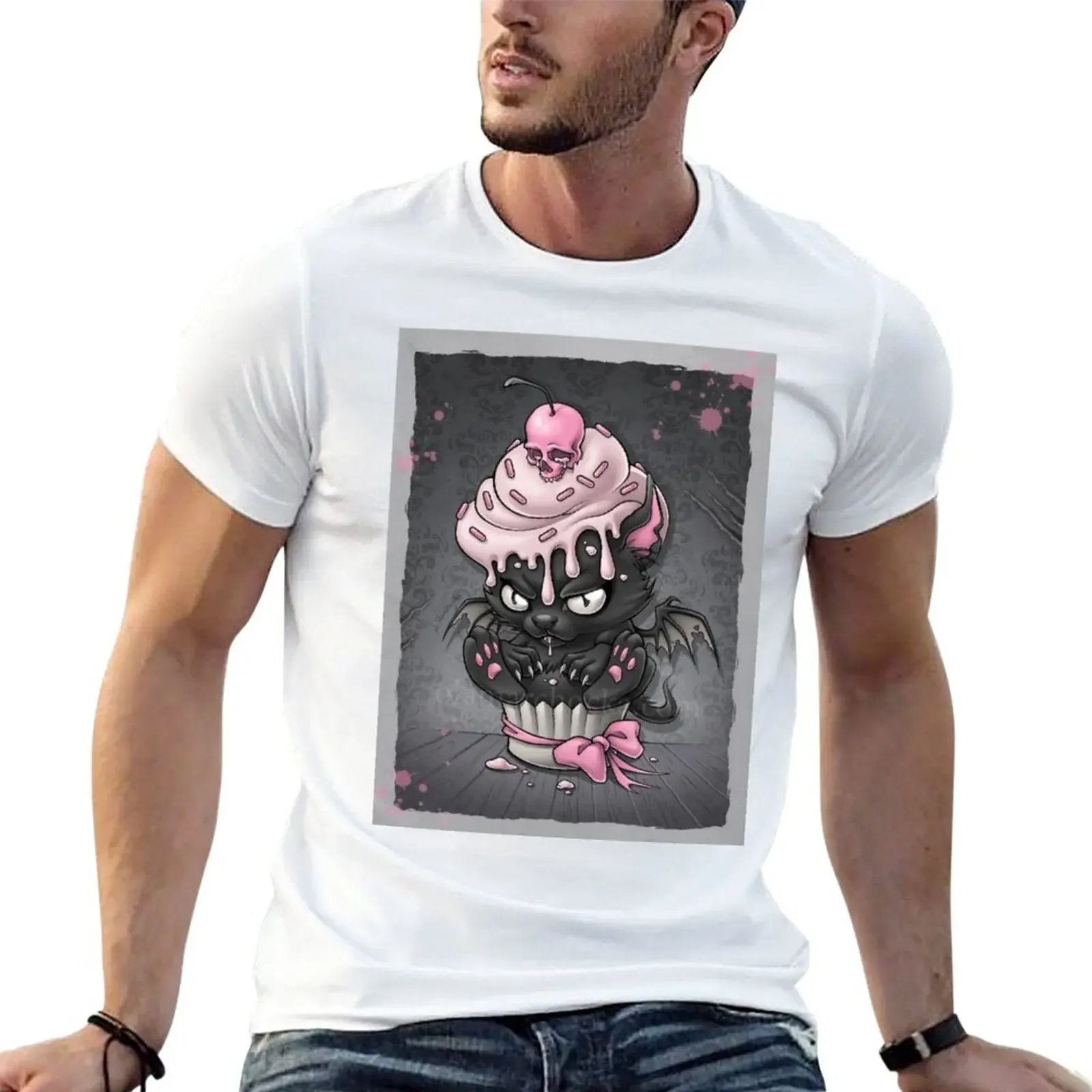 Goth Kitty in Cupcake T-Shirt sublime kawaii clothes mens cotton t shirts