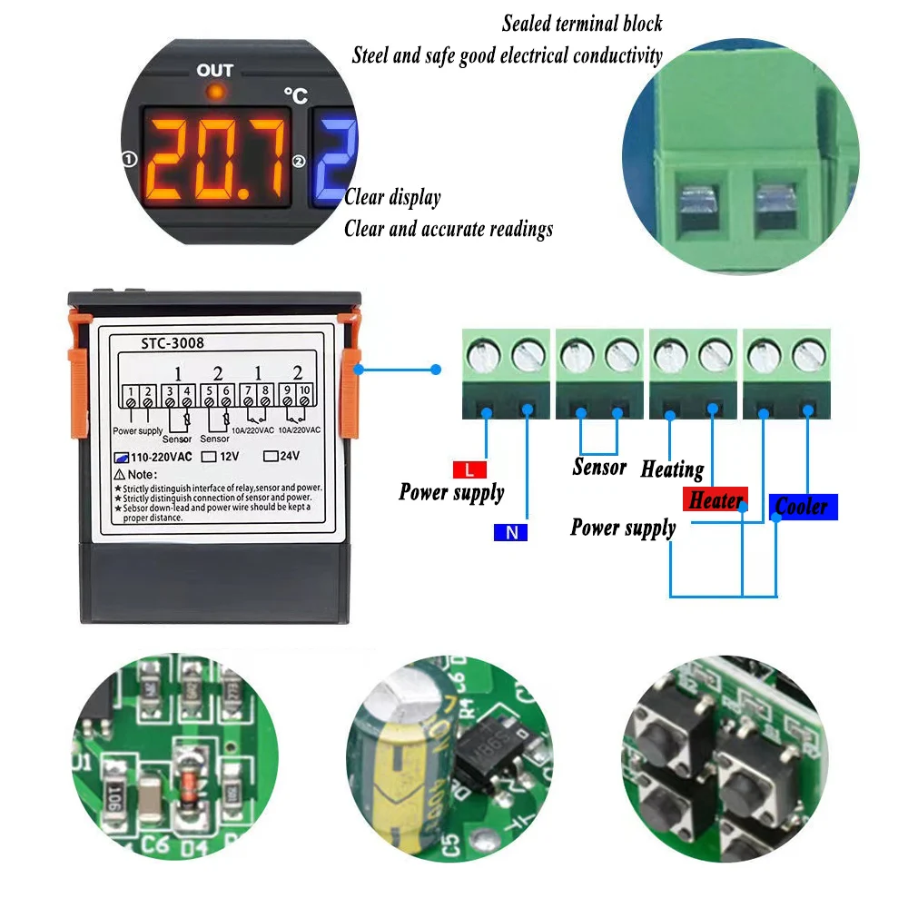 STC-3008 KT99 Twee Relais Thermostaat Dual Digitale Temperatuur Controller DC12V 24V Met Heater Cooler Thermore Gulator Nieuwe