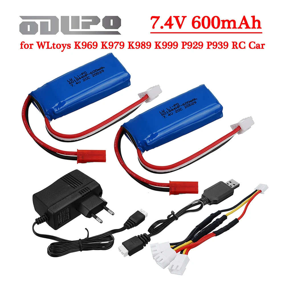 7.4V 600mAh Lipo Battery and 7.4V Charger Sets for WLtoys K969 K979 K989 K999 P929 P939 RC Electric Toys Car Truck Spare Battery