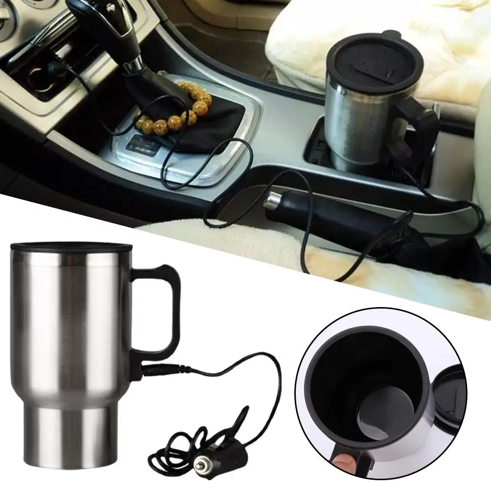 Hervidor de agua para coche con calefacción eléctrica, taza para vehículo de viaje, calefacción de acero, café, Camping, térmico inoxidable, 300/450ML12V 24V, B4Y9