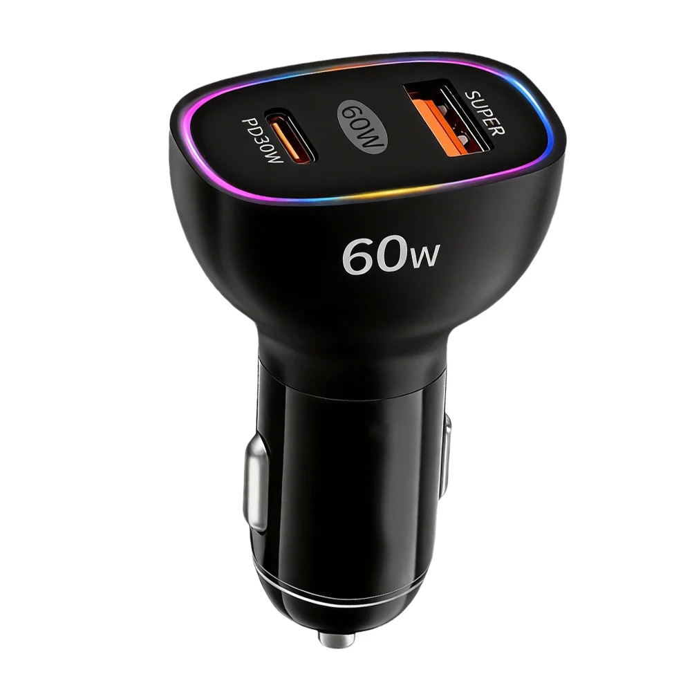 USB-A Quick Charge Black 60W Dual PD Charger PD30W USB-A Port 60W Total Output RGB Ambient Light PC ABS Material