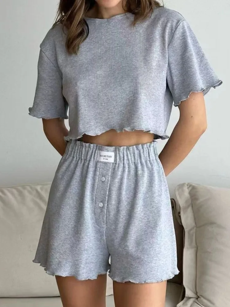 

Casual Solid Sets Outfits Lady Fashion Short Sleeve O Neck Pullover Tops+Shorts 2 Piece Set For Women Summer Womens Clothing New