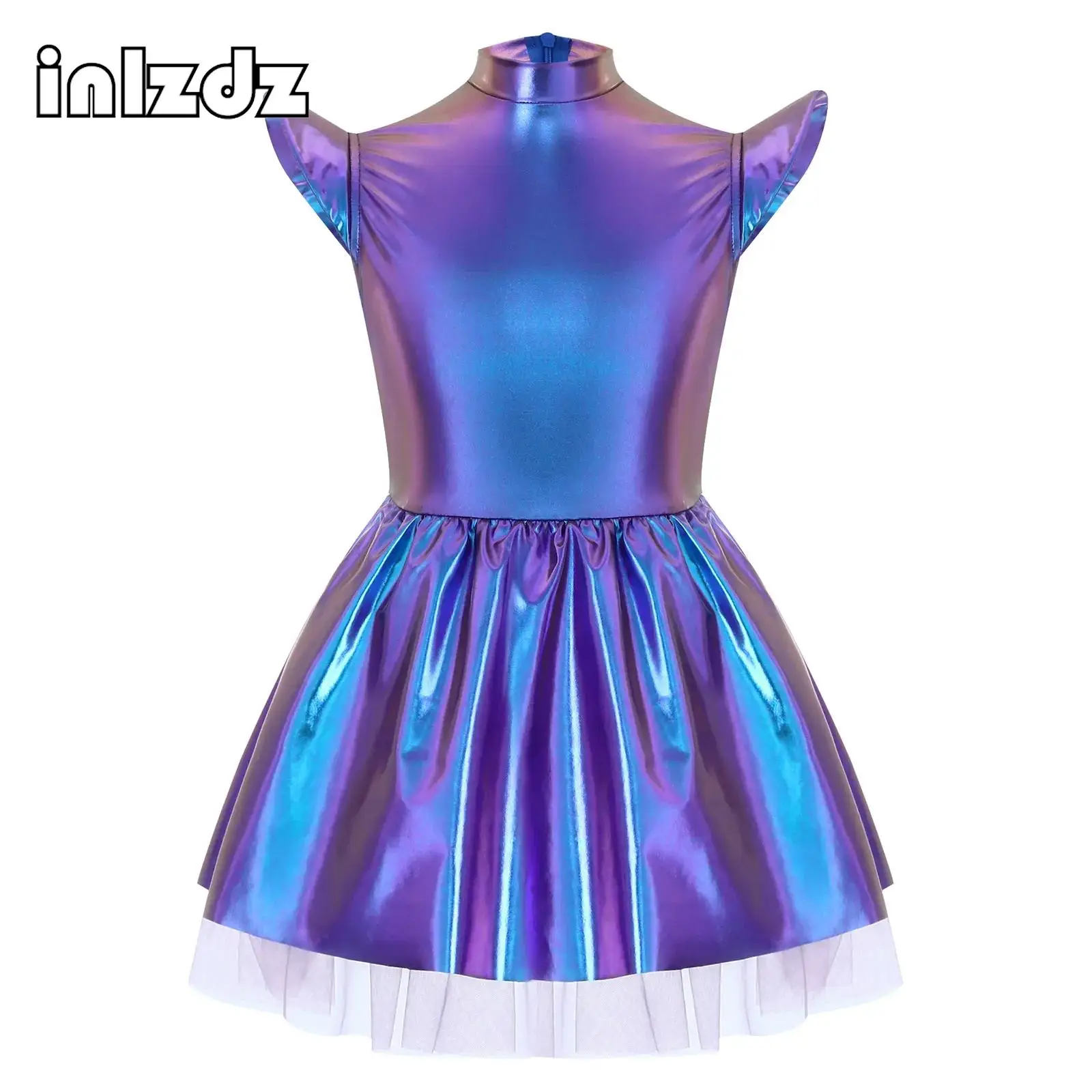 

Girls Alien Astronaut Robot Cosplay Costumes Iridescent Glossy Flying Sleeve Tutu Dance Dress for Festival Theme Party Clubwear