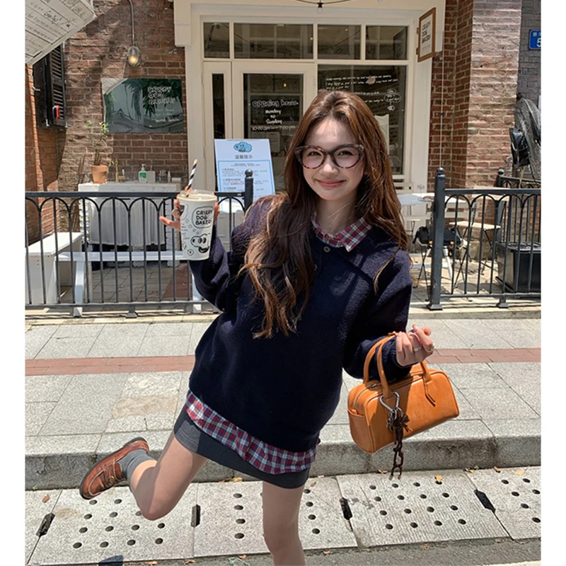 

Harajuku Plaid Sweater Women Vintage Streetwear Patchwork Knitted Pullovers Korean Long Sleeve Knitwears Winter Casual Jumpers