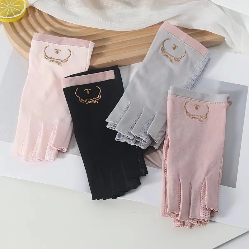 Women's Summer Half-Finger Cotton Anti-Slip Breathable Sun-Protective UV-Blocking Gloves for Outdoor Cycling Driving Tea Picking