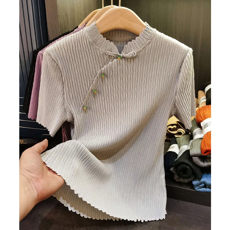 Pleats Pleated T-shirt Senior Sense Disk Buckle Stand-up Collar Short Sleeve Pleated T-shirt Female Summer New Hundred Thin Tops