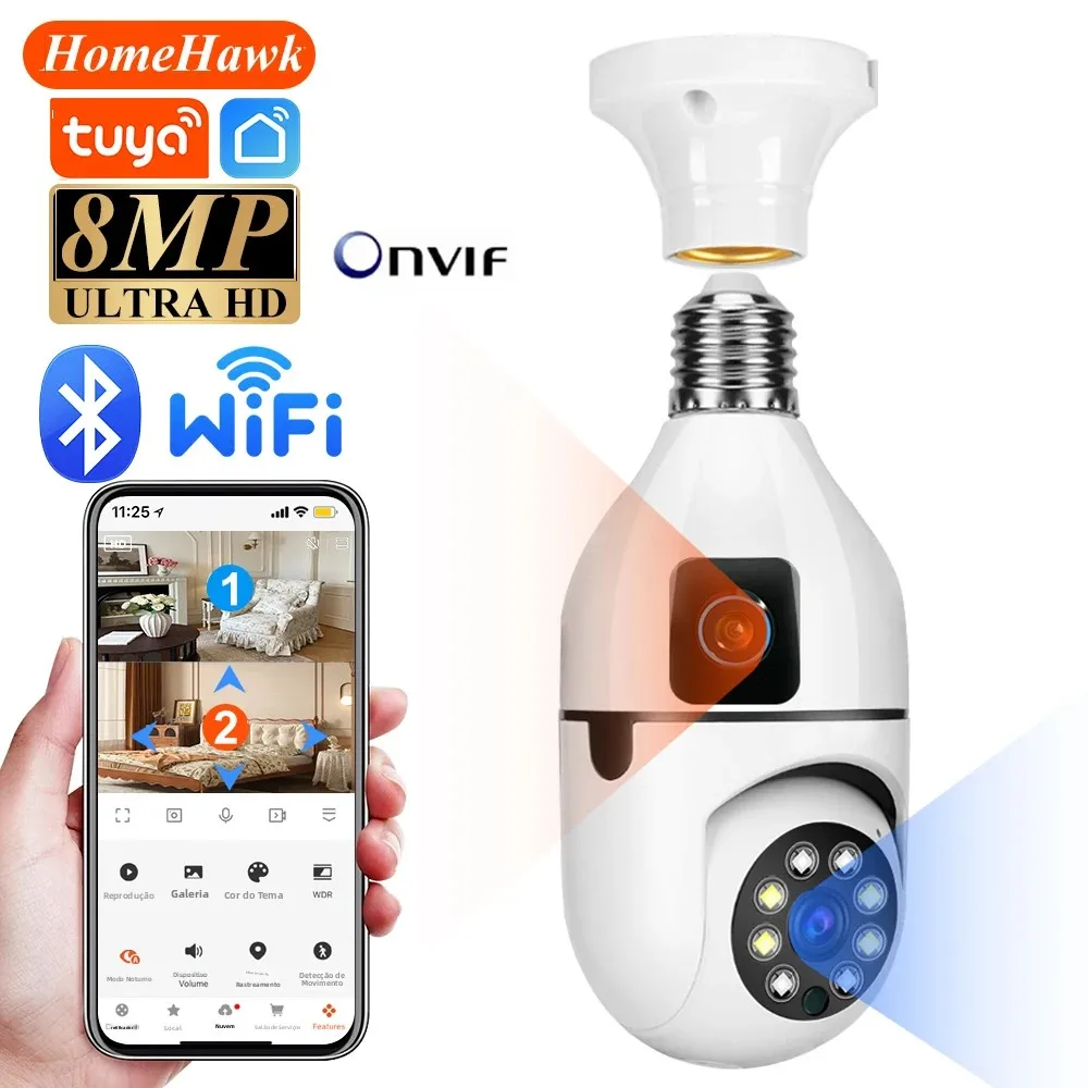 tuya-8mp-e27電球型wifiカメラ-デュアルレンズai人感追跡-音声アラーム-双方向音声-デュアルスクリーン-スマートホーム監視カメラ