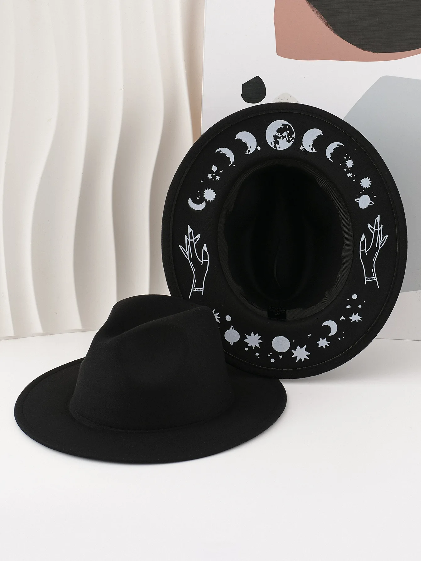 Gothic Witch Hat Wide Brim Fedora Hat Celestial Moon Phase Star Galaxy Mystic Symbol Alternative Fashion Halloween Cosplay Party
