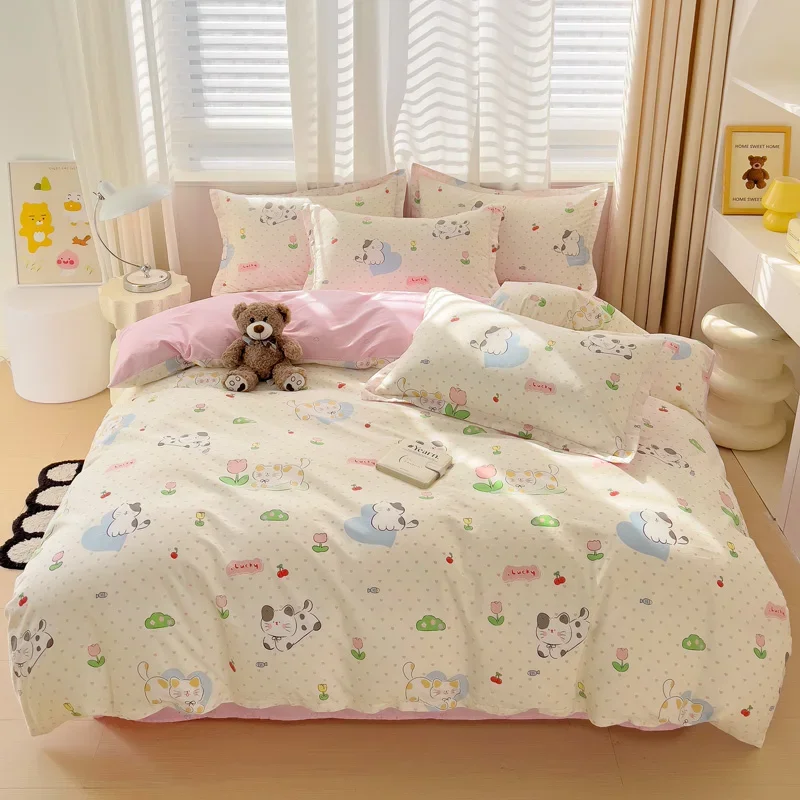 

Cute White Cats Duvet Cover Queen Premium Cotton Reversible Pink Bedding Set 3 Pcs, Animals and Dots Pattern Comforter Covers