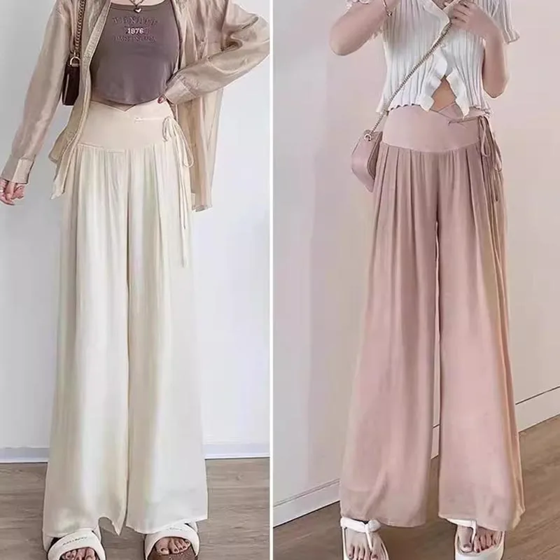 Maternity Wide Leg Pants Summer Maternity Ice Silk Pants Summer Maternity Wear Wide-leg Pants Thin Outer Wear Loose Pleated Pant