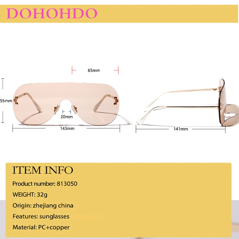 DOHOHDO One Piece Large Frame Men\'s Sunglasses 2024 Summer Fashion Clear Color Women Rimless Sun Glasses Oversize Metal UV400