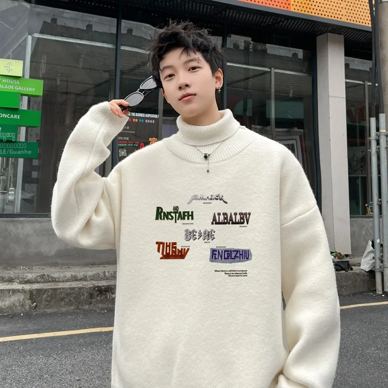 

Мужской свитер свободного кроя с высоким воротом, трикотажный, весна-осень, базовый слой, повседневный, модный, для подростков, вязаный, в стиле кэжуал