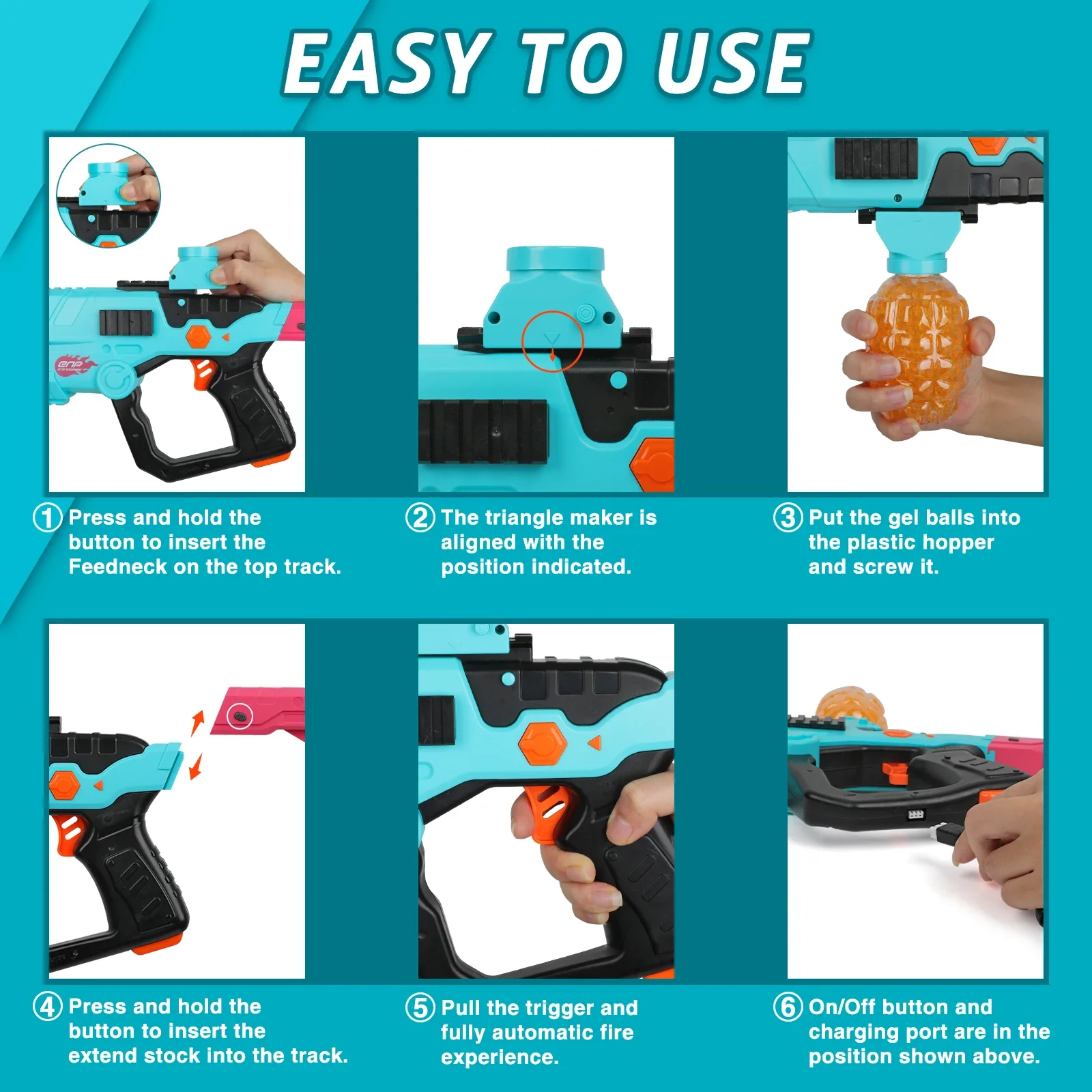 Pistola blaster de bola de gel, funil de 500 capacidades, cabo de recarga USB e óculos, brinquedo blaster de bola de respingos elétrico para exterior