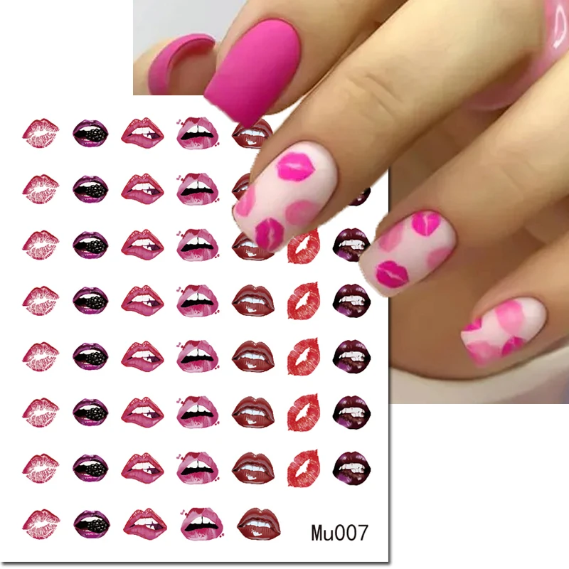 Decalcomanie per nail art 3D San Valentino Rosso Rosa Viola Labbra sexy Adesivi per unghie Decorazione per manicure per unghie