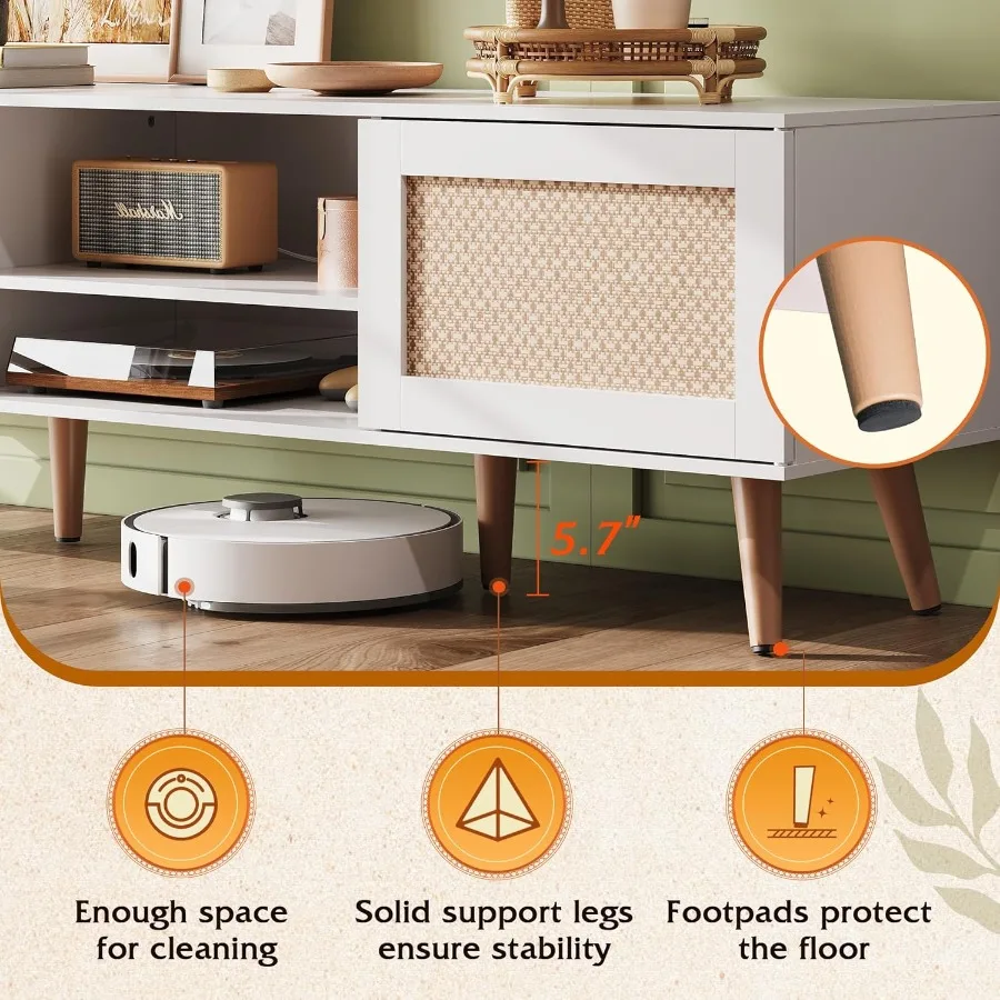 حامل تلفزيون لتلفزيون 65 بوصة 58 حامل تلفزيون بوهو لمركز الترفيه لوحدة تحكم تلفزيون غرفة المعيشة مع خزائن تخزين باللون الأبيض